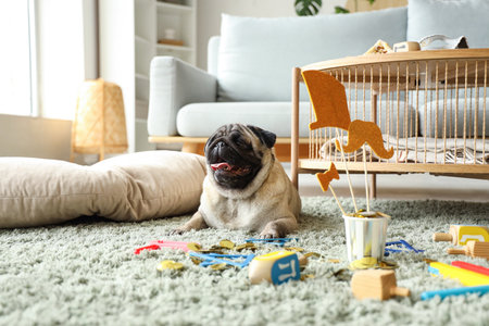 Cute pug dog with rattles for Purim holiday on carpet at homeの写真素材