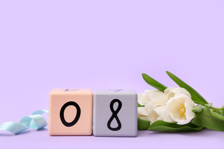 Cube calendar with date 08 and beautiful white tulips on lilac background. International Women's Dayの写真素材