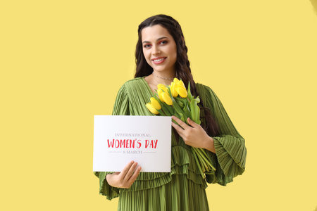 Beautiful woman with tulips and card on yellow background. International Women's Dayの写真素材