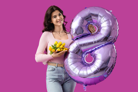 Beautiful woman with tulips and balloon in shape of figure 8 on purple background. International...