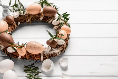 Stylish Easter wreath decorated with eggs and flowers on white wooden tableの写真素材