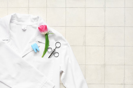 Composition with dentist's coat, syringe and tulip flower on light tile background. International Women's Dayの写真素材