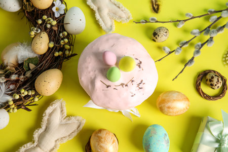 Composition with delicious decorated Easter cake and painted eggs on color background. Top, viewの写真素材