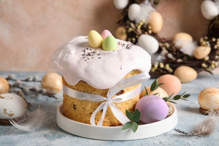 Composition with delicious decorated Easter cake and painted eggs in plate on color background