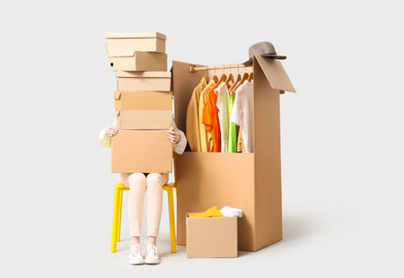Beautiful young woman and wardrobe boxes with clothes on gray backgroundの写真素材