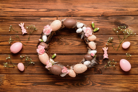 Stylish Easter wreath decorated with eggs and flowers on wooden background. Top viewの写真素材