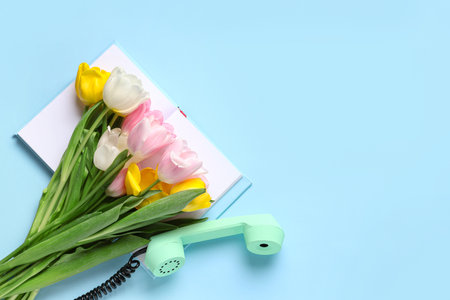 Retro telephone and bouquet of beautiful tulips on blue background. International Women's Dayの写真素材