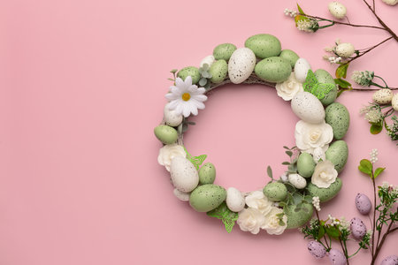 Easter wreath with flowers, eggs and butterflies on pink backgroundの写真素材