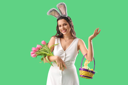 Beautiful woman in bunny ears with tulips and Easter eggs on green backgroundの写真素材