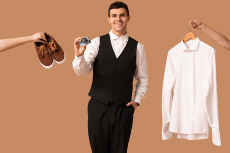 Handsome young happy man with credit card and hands holding stylish clothes on brown backgroundの写真素材
