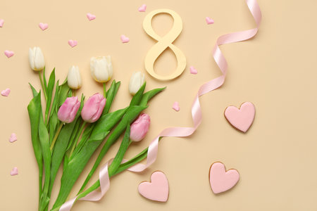 Figure 8 made of paper with tulip flowers and cookies on beige background. International Women's Day celebrationの写真素材