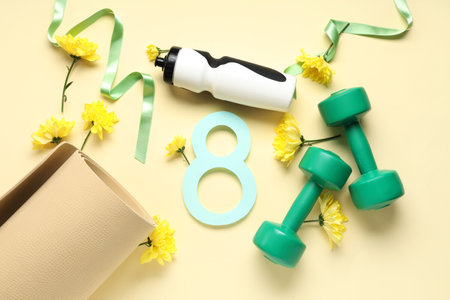 Composition with sports equipment, paper figure 8 and flowers on color background. International Women's Dayの写真素材