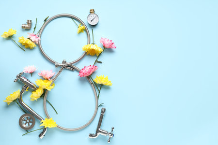 Composition with figure 8 made of flexible hose, plumber's items and flowers on color background....