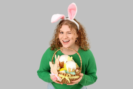 Beautiful young happy woman in bunny ears with Easter basket on gray background
