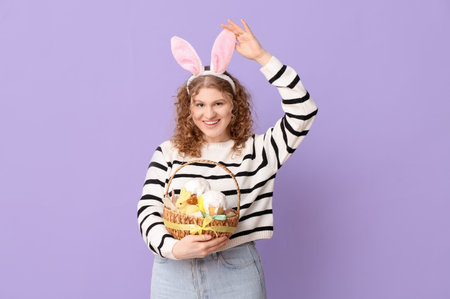 Beautiful young happy woman in bunny ears with Easter basket on purple background