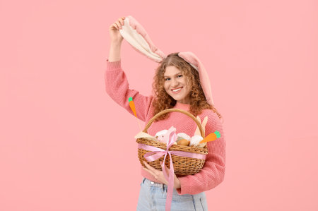 Beautiful young happy woman in bunny ears with Easter basket on pink backgroundの写真素材