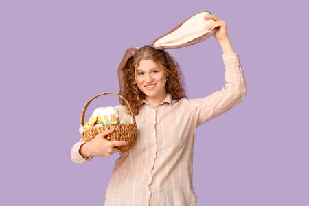 Beautiful young happy woman in bunny ears with Easter basket on purple background