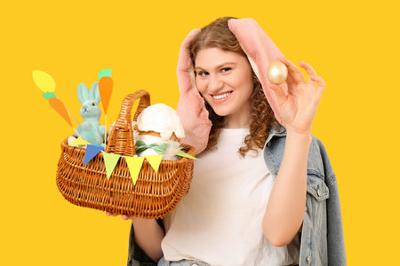 Beautiful young happy woman in bunny ears with Easter basket and painted eggs on yellow background