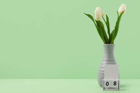 Calendar with date 8 MARCH and beautiful white tulips on green background. International Women's Dayの写真素材