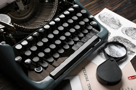 Retro typewriter, magnifier and criminal files on wooden table, closeupの写真素材