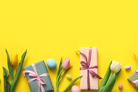 Easter eggs with tulip flowers and gift boxes on yellow background