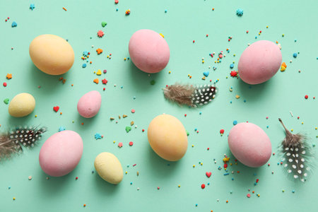 Painted Easter eggs with feathers on turquoise backgroundの写真素材