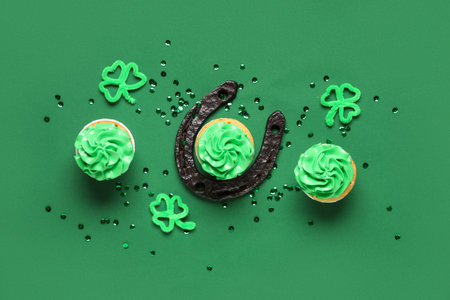 Tasty cupcakes with horseshoes, clovers and sequins for St. Patrick's Day on green backgroundの写真素材