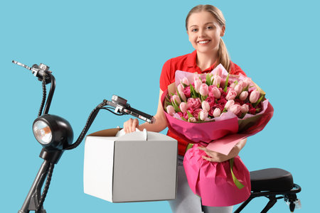 Female courier with bouquet of flowers and box near scooter on blue backgroundの写真素材