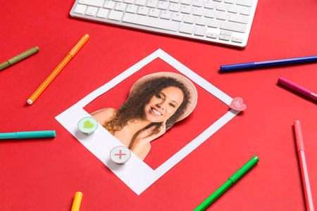 Photo of beautiful woman with computer keyboard and markers on red background. Concept of online...