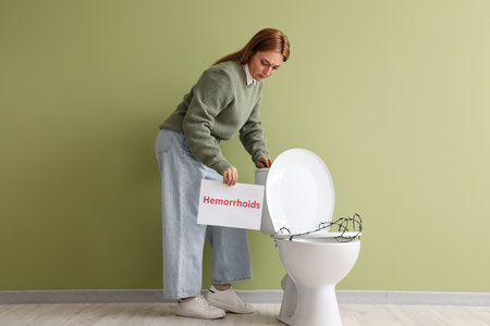 Mature woman holding paper with word HEMORRHOIDS and barbed wire on toilet bowl near green wallの写真素材