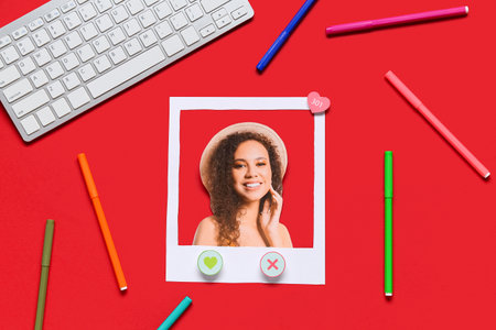 Photo of beautiful woman with computer keyboard and markers on red background. Concept of online datingの写真素材