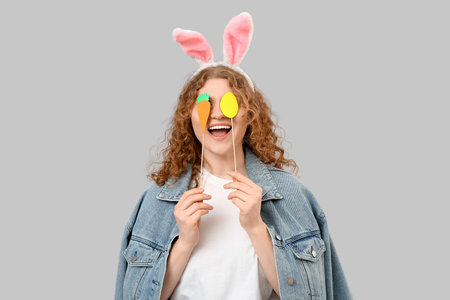 Beautiful young happy woman in bunny ears with paper carrot and egg on gray background. Easter...
