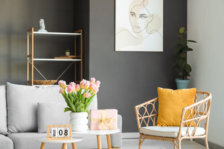 Calendar with date of International Women's Day, tulips and gift box on tables in living room