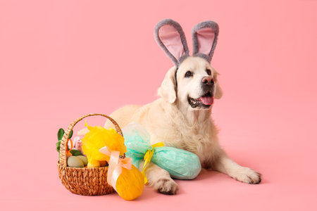 Cute Labrador dog in bunny ears with Easter basket and gift eggs on pink backgroundの写真素材