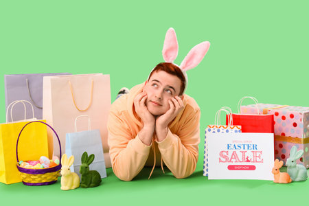 Young man in bunny ears with shopping bags and decor lying on green background. Easter Saleの写真素材