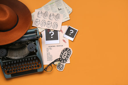 Retro typewriter, criminal files, eyeglasses and hat on color backgroundの写真素材
