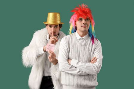 Young man with sticky paper showing silence gesture and his colleague on green background. April Fools' Day celebrationの写真素材
