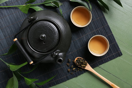 Bamboo mat with cups of tea, teapot and spoon with dry leaves on green backgroundの写真素材