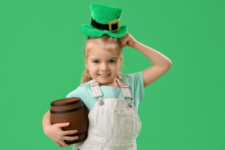 Cute little girl with leprechaun's hat and barrel on green background. St. Patrick's Day celebration