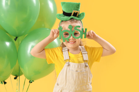 Cute little girl with leprechaun's hat, novelty glasses and balloons on yellow background. St. Patrick's Day celebrationの写真素材