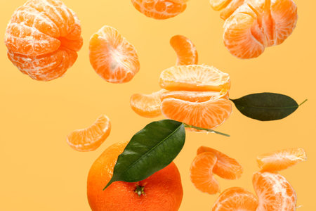 Flying sweet ripe mandarins and leaves on yellow background