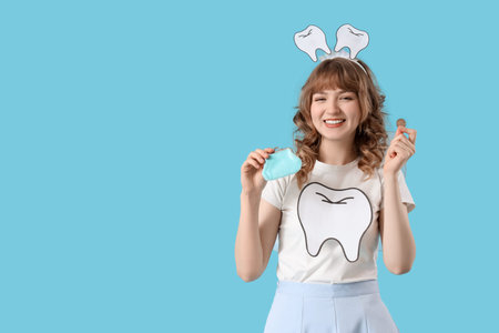 Tooth Fairy with coin and wallet on blue backgroundの写真素材