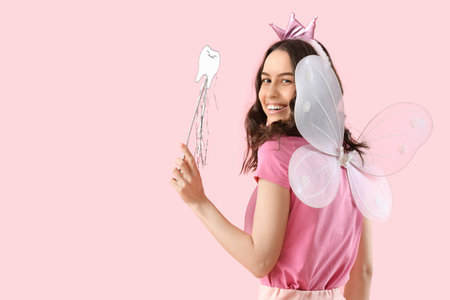 Tooth Fairy with wand on pink backgroundの写真素材
