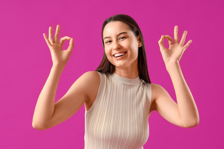 Young woman showing OK on purple backgroundの写真素材