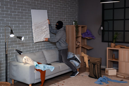 Male thief stealing painting in room at nightの写真素材