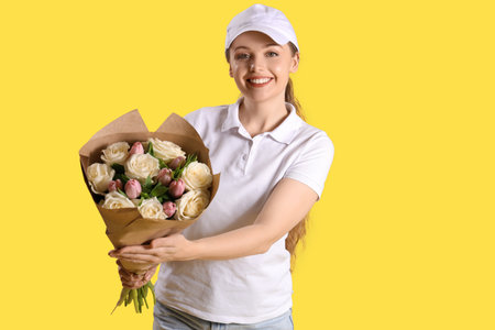 Female courier with bouquet of flowers on yellow backgroundの写真素材