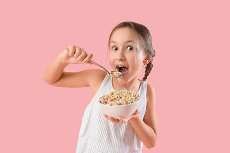 Cute little girl eating cereal rings on pink backgroundの写真素材