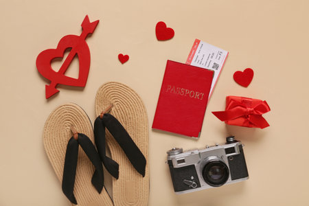 Travel accessories with gift and hearts on beige background. Valentine's Day celebrationの写真素材