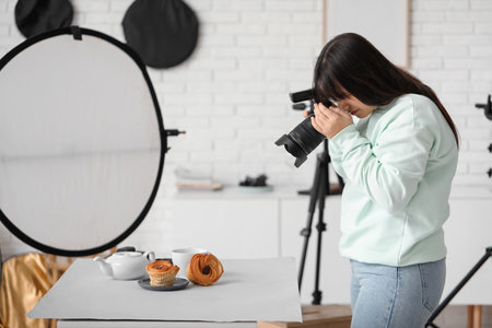Female food photographer taking picture of cakes in studioの写真素材