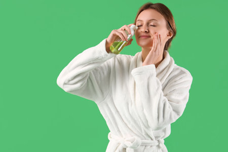 Beautiful young woman in bathrobe and with lotion on green backgroundの写真素材